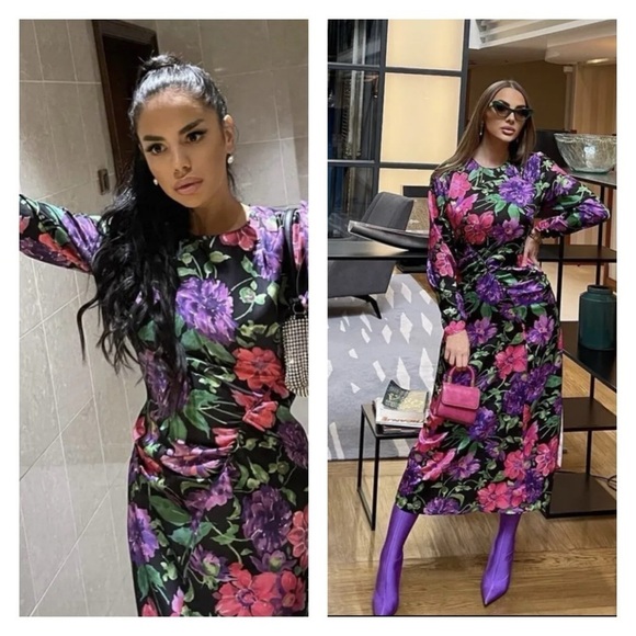 ZARA Black Floral Long Sleeve Ruched High Slit Midi Dress XS Blogger Favorite - Picture 2 of 8